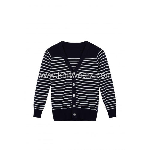 Boy's Knitted Buttoned White Black Stripe School Cardigan
